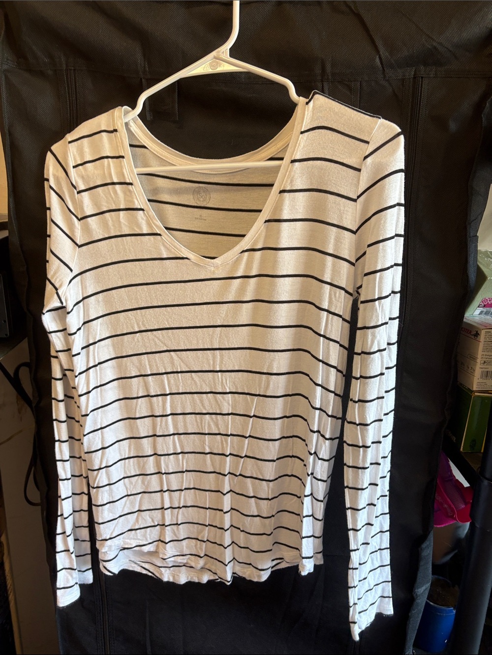 Sonoma White Long Sleeve V-Neck Top with Black Stripes